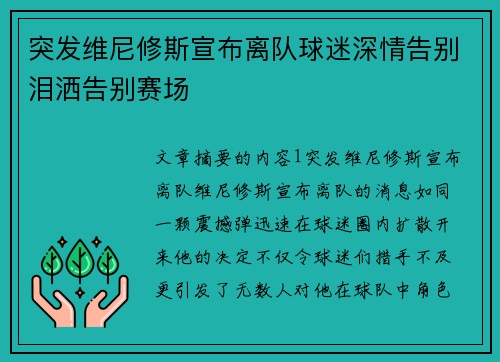 突发维尼修斯宣布离队球迷深情告别泪洒告别赛场