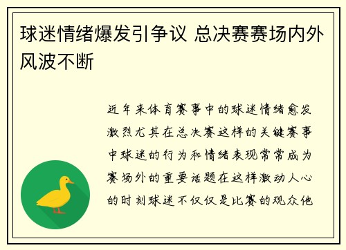 球迷情绪爆发引争议 总决赛赛场内外风波不断