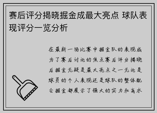 赛后评分揭晓掘金成最大亮点 球队表现评分一览分析