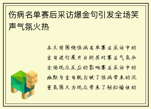伤病名单赛后采访爆金句引发全场笑声气氛火热