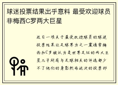 球迷投票结果出乎意料 最受欢迎球员非梅西C罗两大巨星